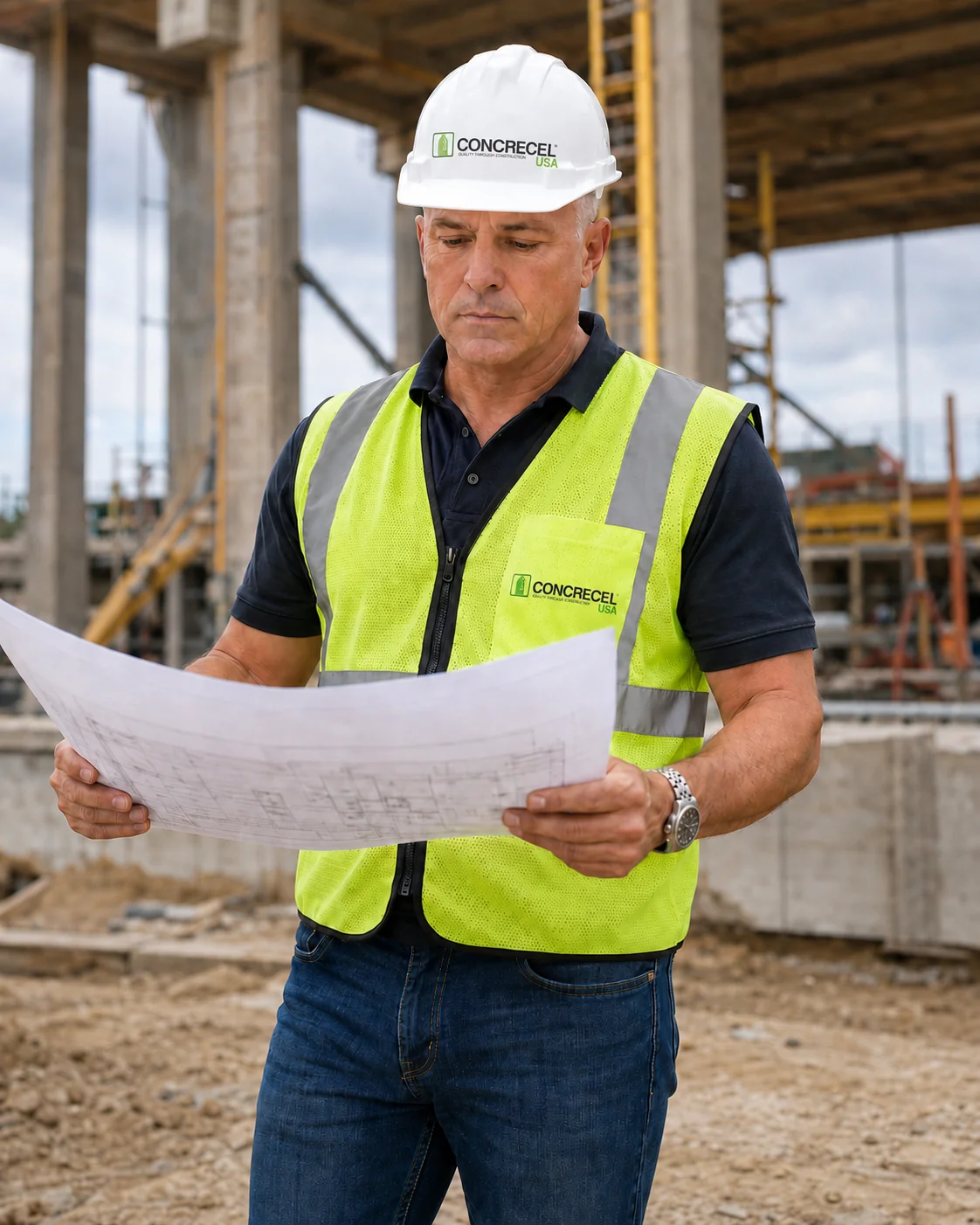 David Gembala, President & CEO of Apex Roofing, reviewing construction plans on a concrete jobsite in Fort Lauderdale